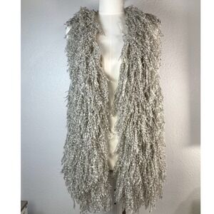 Rain Shaggy Knit‎ Fringe Vest Women's Med Beige Open Front Boho Festival Sweater